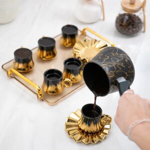 GLOXZY Turkish Coffee Cup Set of 6 with Saucers & Tray - Luxury Arabic Greek Japanese Marble Ceramic Tea Cups for Espresso Cappuccino Latte Mocha, Ideal Gift - 3.5oz, Black Gold