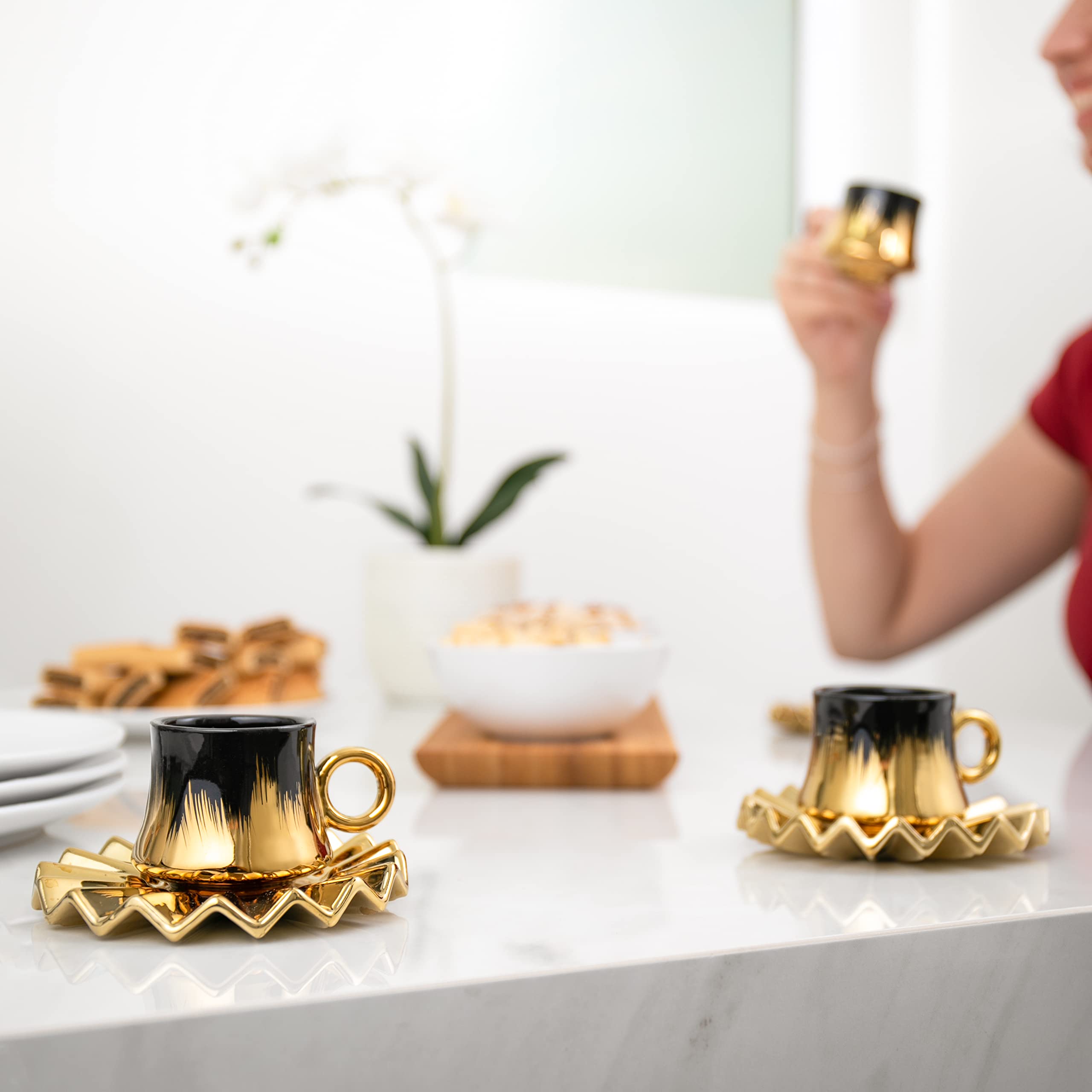 GLOXZY Turkish Coffee Cup Set of 6 with Saucers & Tray - Luxury Arabic Greek Japanese Marble Ceramic Tea Cups for Espresso Cappuccino Latte Mocha, Ideal Gift - 3.5oz, Black Gold