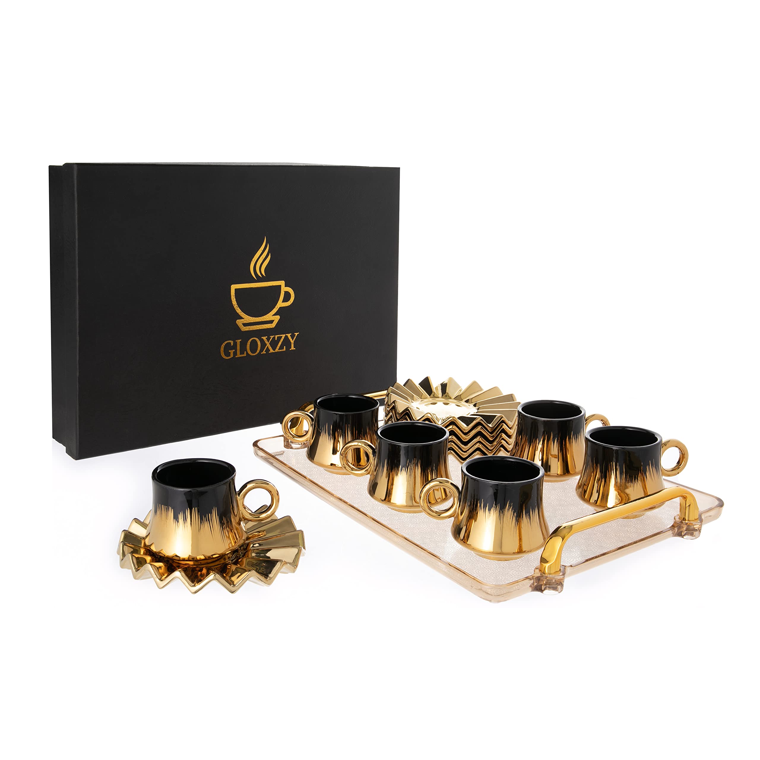 GLOXZY Turkish Coffee Cup Set of 6 with Saucers & Tray - Luxury Arabic Greek Japanese Marble Ceramic Tea Cups for Espresso Cappuccino Latte Mocha, Ideal Gift - 3.5oz, Black Gold