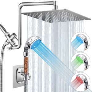 filtered shower head with led, 10'' rain shower head with upgraded 12'' curved adjustable extension arm, high pressure color changing led handheld shower head with filter beads for hard water, chrome