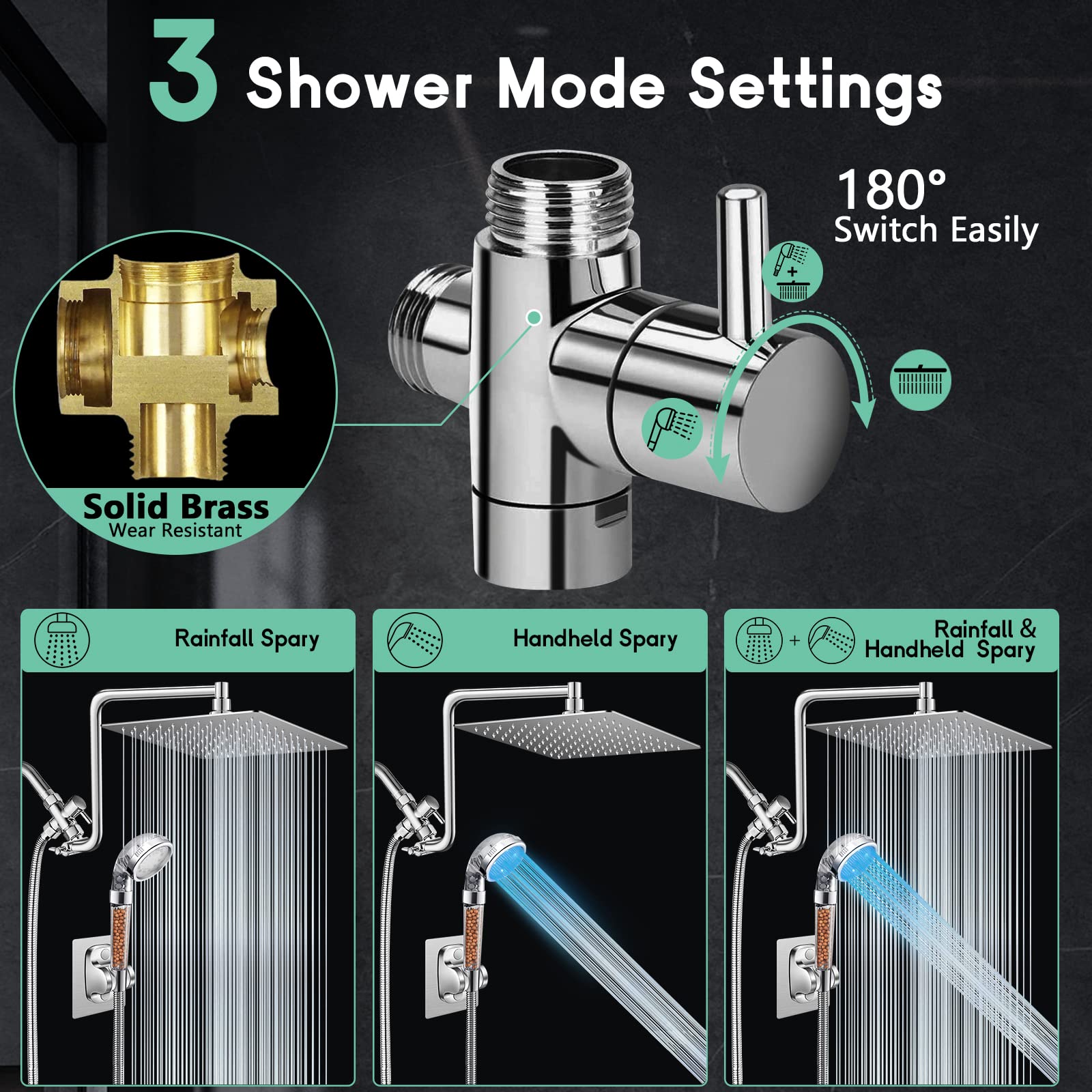 Filtered Shower Head with LED, 10'' Rain Shower Head with Upgraded 12'' Curved Adjustable Extension Arm, High Pressure Color Changing LED Handheld Shower Head with Filter Beads for Hard Water, Chrome