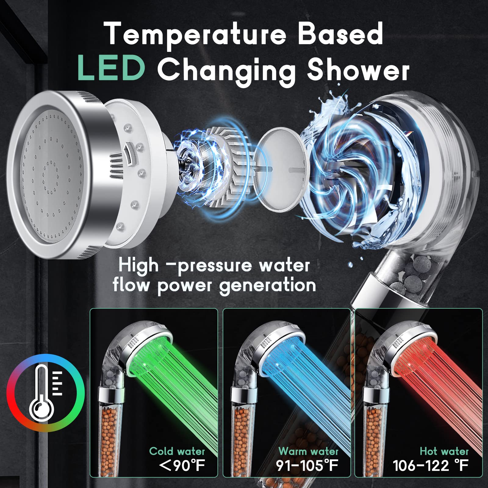 Filtered Shower Head with LED, 10'' Rain Shower Head with Upgraded 12'' Curved Adjustable Extension Arm, High Pressure Color Changing LED Handheld Shower Head with Filter Beads for Hard Water, Chrome