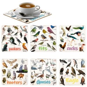 set of 6 bird pun coasters, bird pun coasters for drinks, square coaster set for cups home funny coasters set for bird lover friends bar housewarming gift coffee