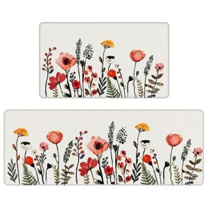 serwrsw colorful flower fern kitchen mats 2 piece for floor, multi colored floral kitchen rugs sets of 2, non slip washable, 17"x47"+17"x29", off white