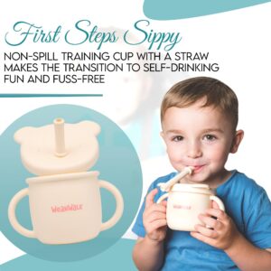 Baby Led Weaning Supplies - Suction Bowls with lids, Training Straw Sippy Cup, Self-Feeding Utensils - Organic - BPA, PVC, Phthalate Free - Weanwalk Silicone Baby Feeding Set