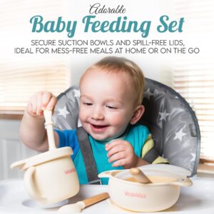 Baby Led Weaning Supplies - Suction Bowls with lids, Training Straw Sippy Cup, Self-Feeding Utensils - Organic - BPA, PVC, Phthalate Free - Weanwalk Silicone Baby Feeding Set