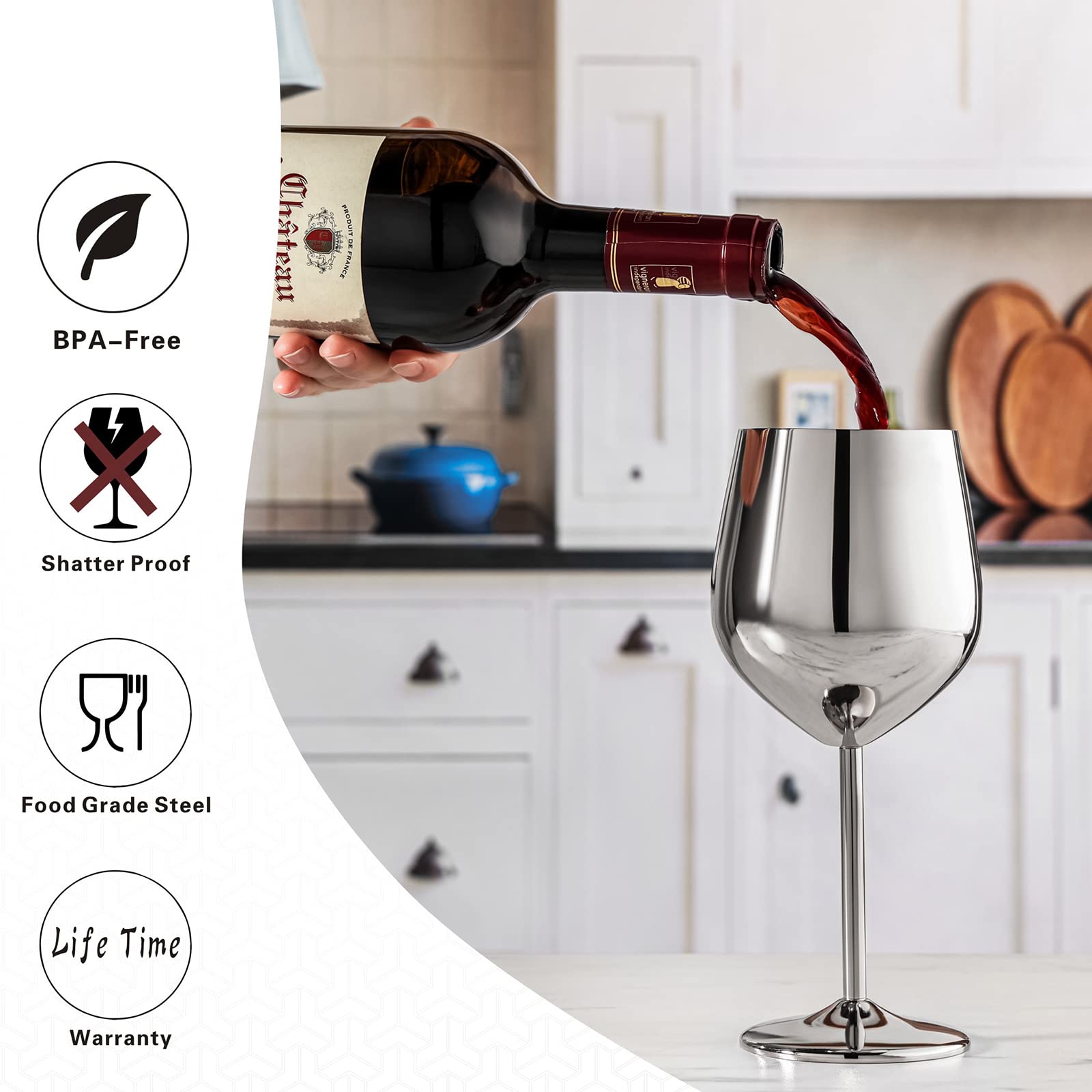 WOTOR Wine Stopper and Stainless Steel Wine Glass Bundle