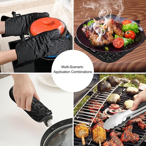 Qimh Oven Mitts and Pot Holders, 4 Pcs Kitchen Oven Mitts Set with Cooking Tongs, High Heat Resistant 500℉ Extra Long Non-Slip Silicone Surface Oven Gloves for Baking, Cooking, BBQ