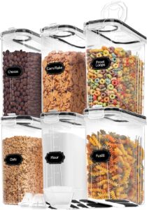 skroam cereal containers storage of 6 [4l/135.2 oz], airtight food storage containers with pour spout for kitchen & pantry organization storage, plastic cereal dispensers, measuring cup & 20 labels