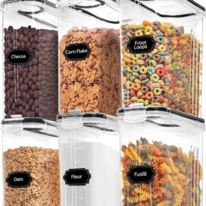 Skroam Cereal Containers Storage of 6 [4L/135.2 oz], Airtight Food Storage Containers with Pour Spout for Kitchen & Pantry Organization Storage, Plastic Cereal Dispensers, Measuring Cup & 20 Labels
