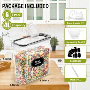 Skroam Cereal Containers Storage of 6 [4L/135.2 oz], Airtight Food Storage Containers with Pour Spout for Kitchen & Pantry Organization Storage, Plastic Cereal Dispensers, Measuring Cup & 20 Labels