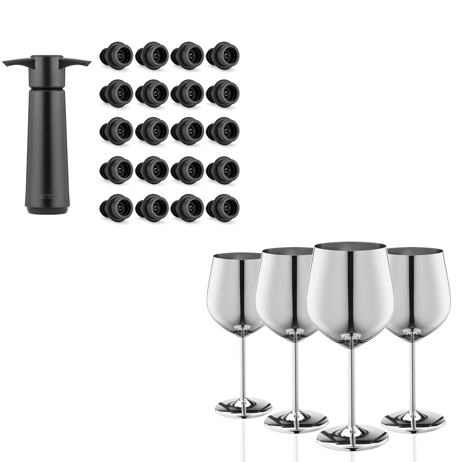 WOTOR Wine Stopper and Stainless Steel Wine Glass Bundle