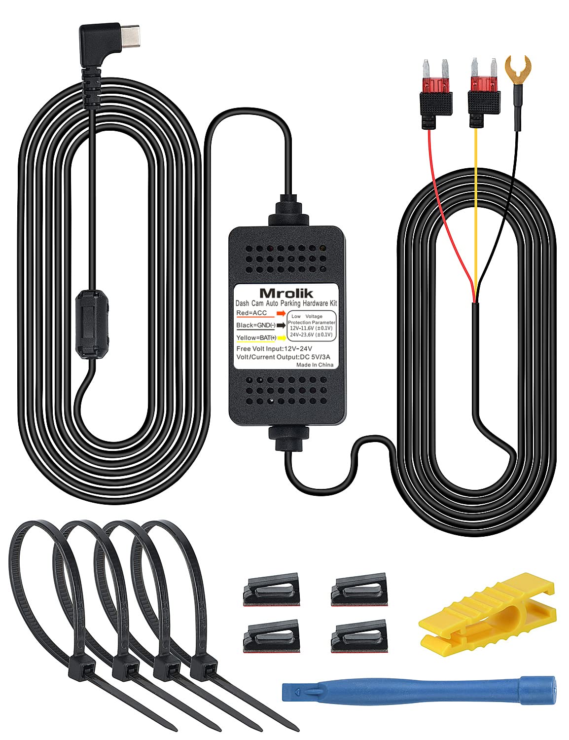 Dash Cam Hardwire kit, Type-C Port Hard Wire Kit Fuse for Dash Cam, 12V-24V to 5V Car Camera Charger Power Cord, Hard Wire Car Charger Cable for Dashcam w/ Battery Drain Protection (Type-C Version)