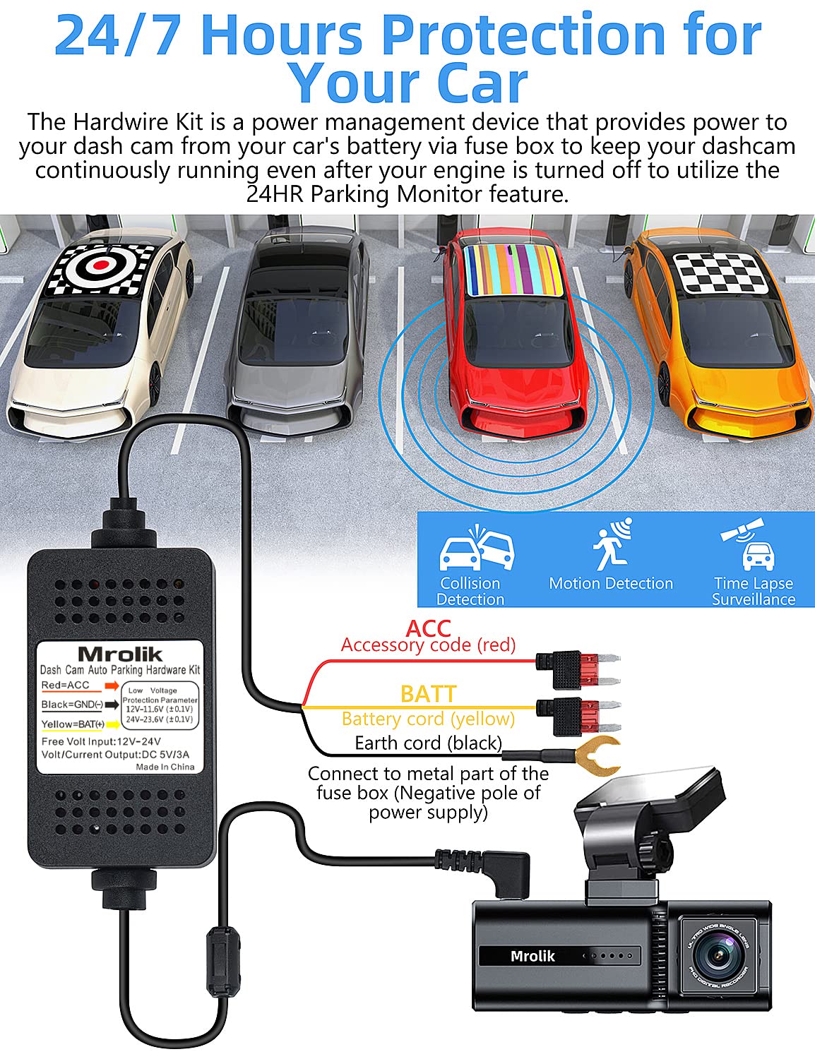 Dash Cam Hardwire kit, Type-C Port Hard Wire Kit Fuse for Dash Cam, 12V-24V to 5V Car Camera Charger Power Cord, Hard Wire Car Charger Cable for Dashcam w/ Battery Drain Protection (Type-C Version)