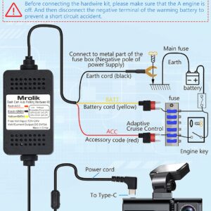 Dash Cam Hardwire kit, Type-C Port Hard Wire Kit Fuse for Dash Cam, 12V-24V to 5V Car Camera Charger Power Cord, Hard Wire Car Charger Cable for Dashcam w/ Battery Drain Protection (Type-C Version)