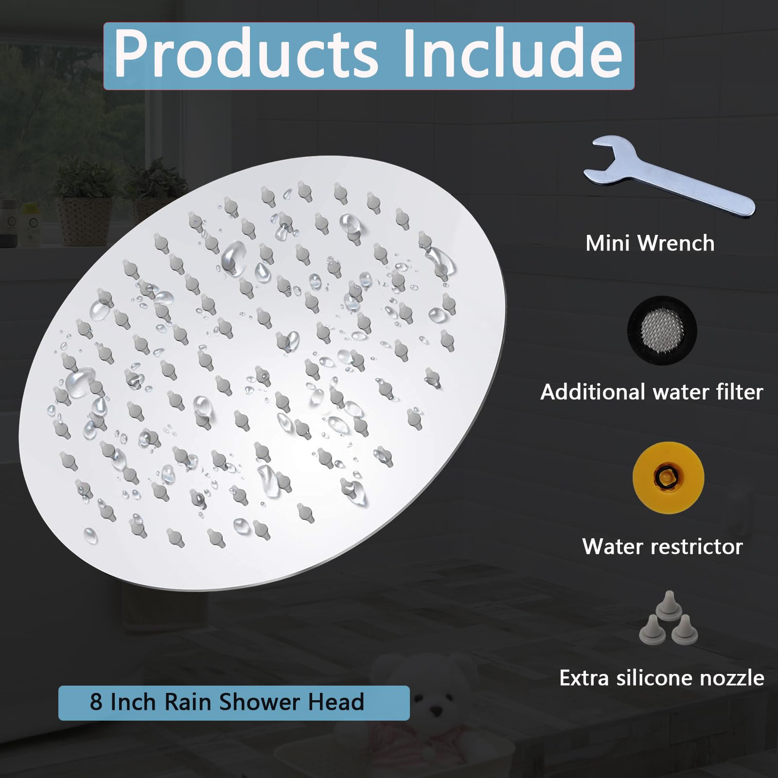 Katezon 8 Inch Rain Shower Head, Ultra-Thin Design, High Pressure Large Flow Stainless Steel Rainfall Shower Head, Waterfall Showerhead Universal Wall Ceiling Mount, California Certified (Chrome)