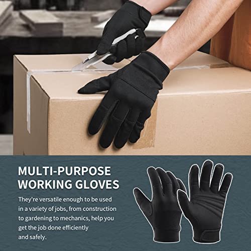 OZERO Medium Black Synthetic Leather Utility Gloves for Men and Women - Touch Screen Sensitive, Padded Knuckles, Adjustable Closure