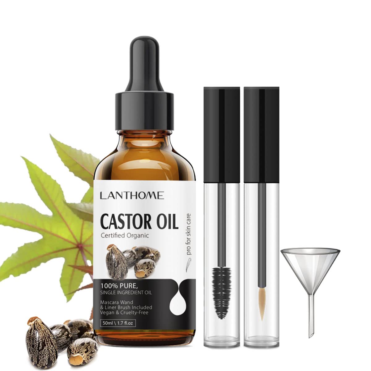 Lanthome Organic Castor Oil Cold Pressed Certified (1.7 Floz with Eyelash Kit), Black Castor Oil for Eyelashes, Eyebrows & Skin Moisturizer, Hair Growth Oil Hexane Free