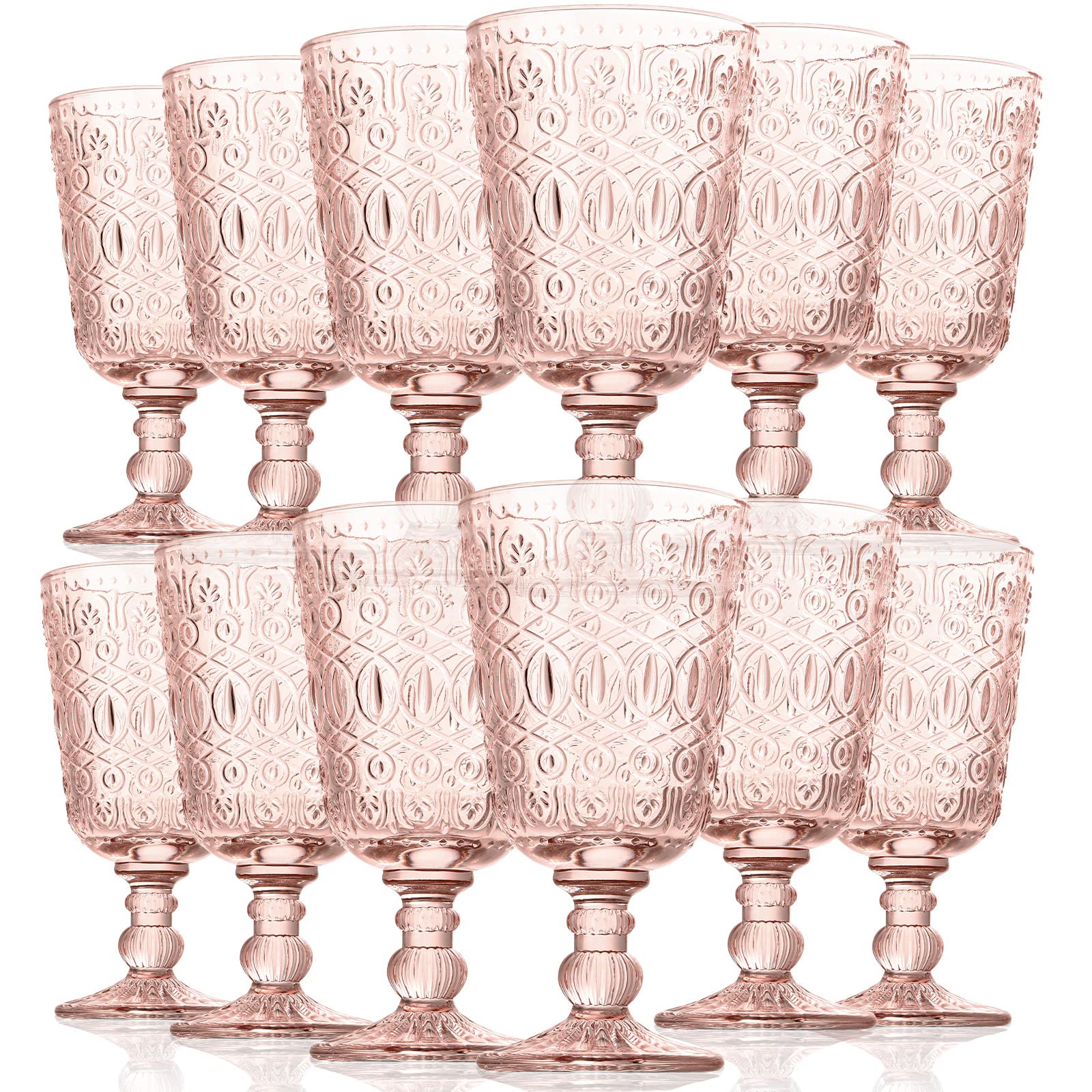 Rtteri 12 Pcs Vintage Glass Goblet Stemmed Wine Glasses Bulks 10 oz Wine Glasses Set High Clear Wine Glass Glassware for Juice Liquor Party Wedding Bars Restaurants Romantic Embossed (Flesh Pink)