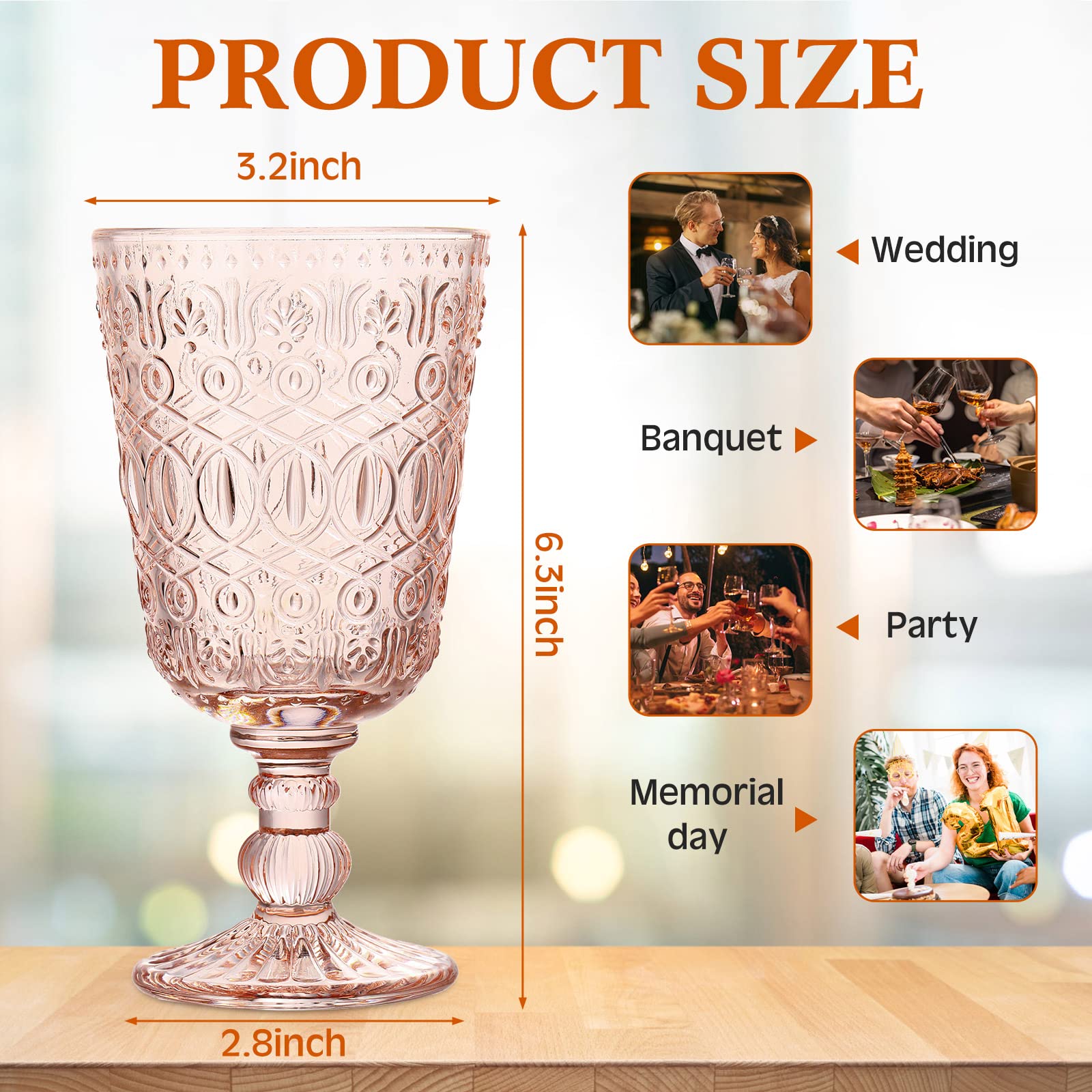 Rtteri 12 Pcs Vintage Glass Goblet Stemmed Wine Glasses Bulks 10 oz Wine Glasses Set High Clear Wine Glass Glassware for Juice Liquor Party Wedding Bars Restaurants Romantic Embossed (Flesh Pink)