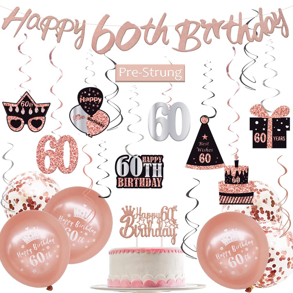 WOJOGO 60th Birthday Decorations Women, Rose Gold & Black Happy 60th Birthday Decorations Kit, Happy 60th Birthday Banner Hanging Swirls Birthday Cake Topper Balloons for Party Supplies