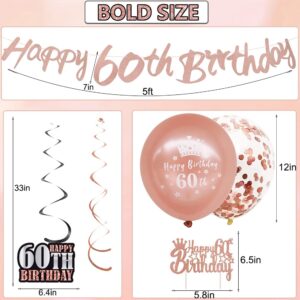 WOJOGO 60th Birthday Decorations Women, Rose Gold & Black Happy 60th Birthday Decorations Kit, Happy 60th Birthday Banner Hanging Swirls Birthday Cake Topper Balloons for Party Supplies