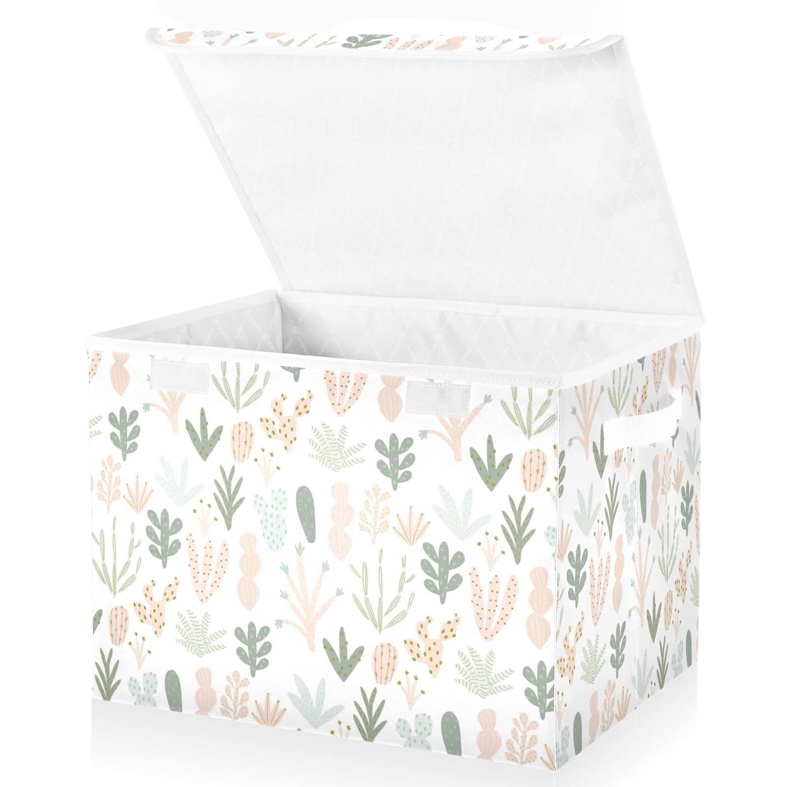 ACICS Cactus Cartoon White Large Storage Bin with Lids Collapsible Fabric Storage Box Closet Shelf Decorative Storage Baskets for Organization and Storage Bedroom Dorm