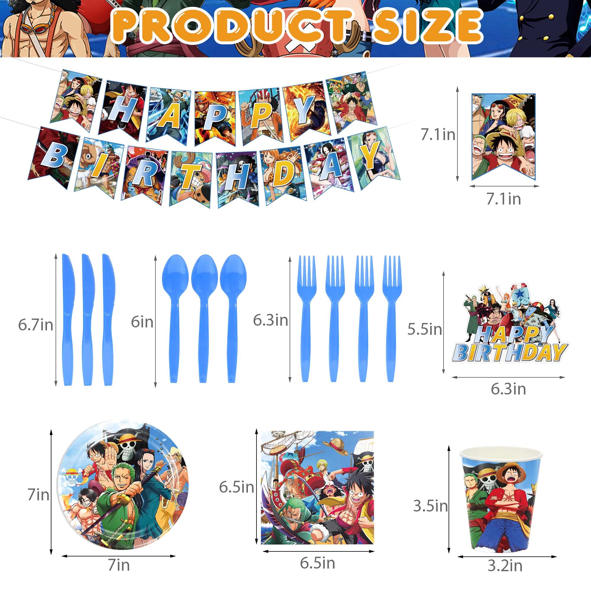 176Pcs One Piece Birthday Party Supplies, Anmie Birthday Party Decorations for 12 Guests, Include Happy Birthday Banner, Backdrop, Tableware Set, Tablecover, Cake Toppers, Balloons Set and Stickers