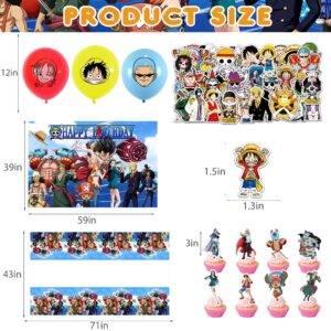 176Pcs One Piece Birthday Party Supplies, Anmie Birthday Party Decorations for 12 Guests, Include Happy Birthday Banner, Backdrop, Tableware Set, Tablecover, Cake Toppers, Balloons Set and Stickers