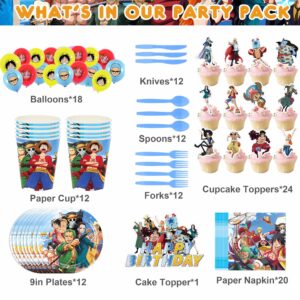 176Pcs One Piece Birthday Party Supplies, Anmie Birthday Party Decorations for 12 Guests, Include Happy Birthday Banner, Backdrop, Tableware Set, Tablecover, Cake Toppers, Balloons Set and Stickers