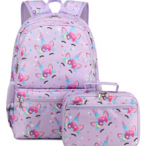 JIANYA Backpack for Girls Kids School Backpack Lunbox Combo Teen Girl Unicorn Bookbag School Bag, Purple