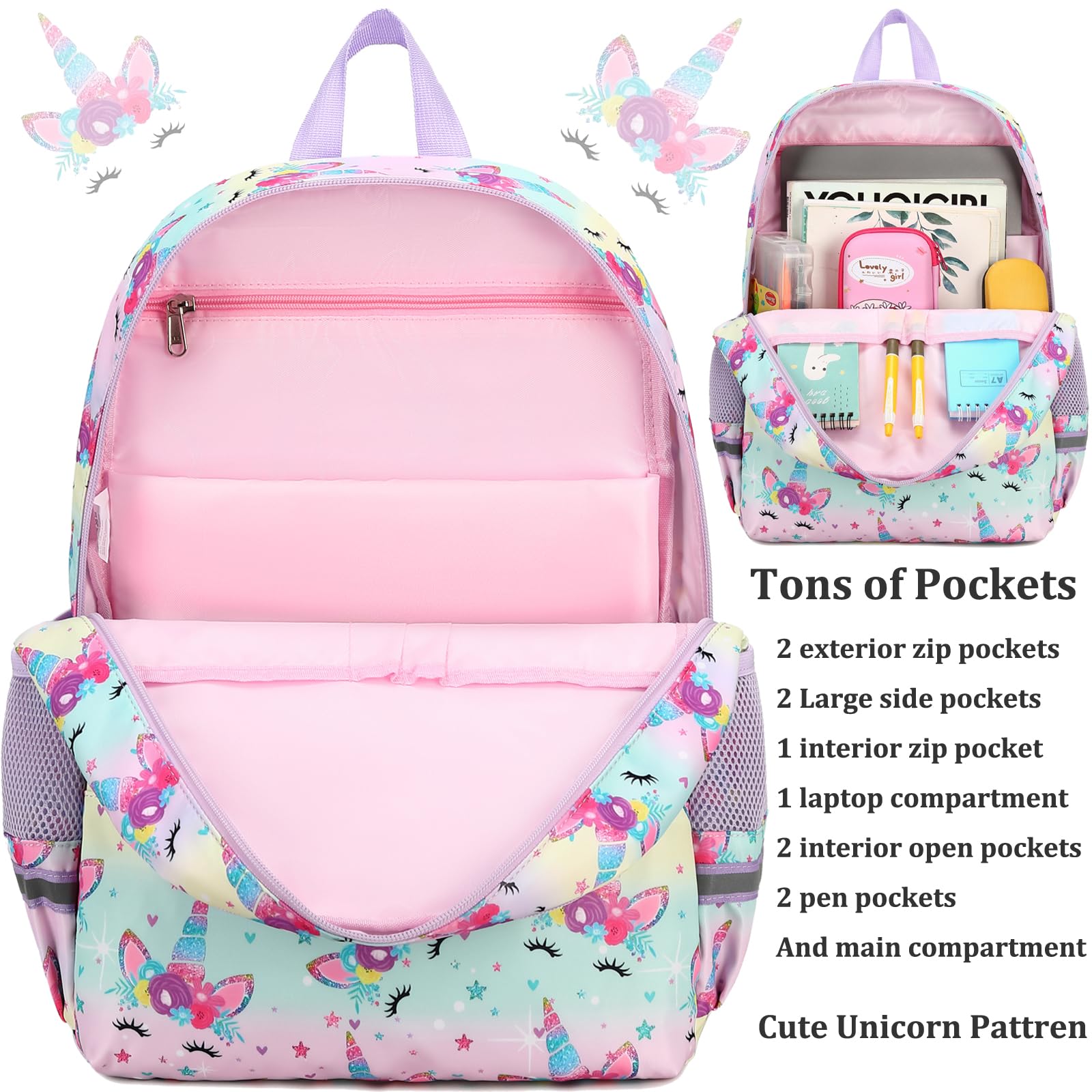 JIANYA Backpack for Girls Kids School Backpack Lunbox Combo Teen Girl Unicorn Bookbag School Bag, Purple