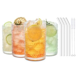 13 oz cocktail glasses hobnail drinking glasses unique vintage bubble cocktails - set of 4 old fashioned embossed glassware cups for beverage, water, wine, beer, juice, mixed drinkware (13 oz)