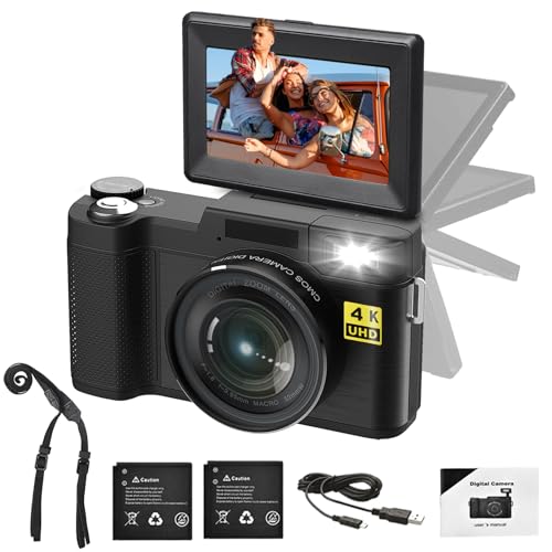 Digital Camera 4K 48MP Autofocus Full HD Vlogging Camera for YouTube Flip Screen Compact Camera for Beginners Teens Photography with Two Rechargeable Batteries