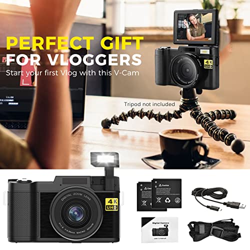 Digital Camera 4K 48MP Autofocus Full HD Vlogging Camera for YouTube Flip Screen Compact Camera for Beginners Teens Photography with Two Rechargeable Batteries