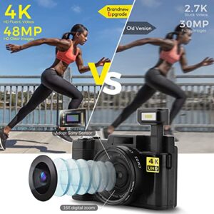 Digital Camera 4K 48MP Autofocus Full HD Vlogging Camera for YouTube Flip Screen Compact Camera for Beginners Teens Photography with Two Rechargeable Batteries