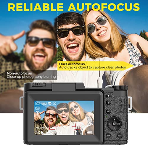 Digital Camera 4K 48MP Autofocus Full HD Vlogging Camera for YouTube Flip Screen Compact Camera for Beginners Teens Photography with Two Rechargeable Batteries