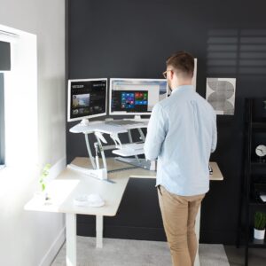 VIVO 43 inch Corner Height Adjustable Cubicle Stand Up Desk Converter, V Series, Quick Sit to Stand Tabletop Dual Monitor Riser Workstation, White, DESK-V000VCW