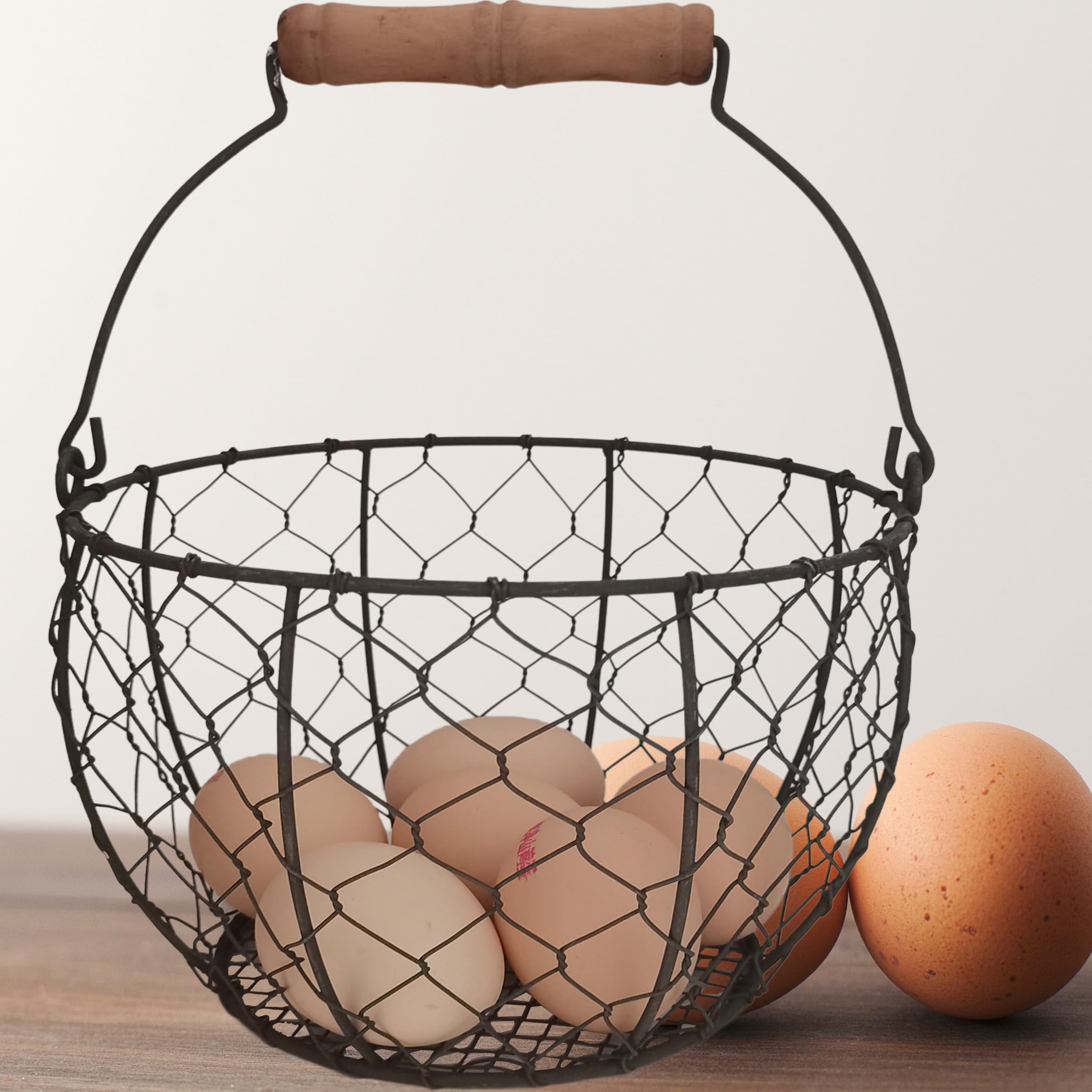 TAIANLE Farmhouse Metal Wire Egg Basket for Collecting Fresh Eggs,Round Handle Egg Basket Vintage Style,Durable Collect & Gathering Basket for Fresh Egg,Countertop Egg Basket Holder,Storage Fruit Bin