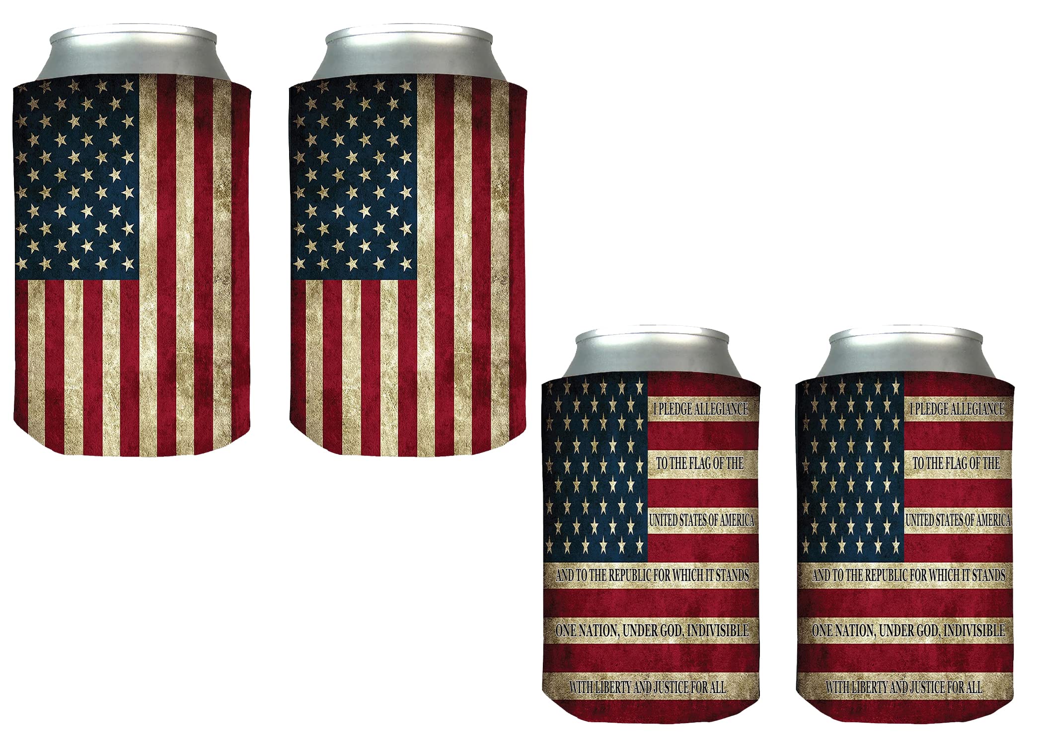 Rogue River Tactical USA Flag Pledge Of Allegiance, Rustic Flag Bundle Collapsible Beer Can Bottle Beverage Cooler Sleeves 2 Sets of 2 Packs Gift Set Combo