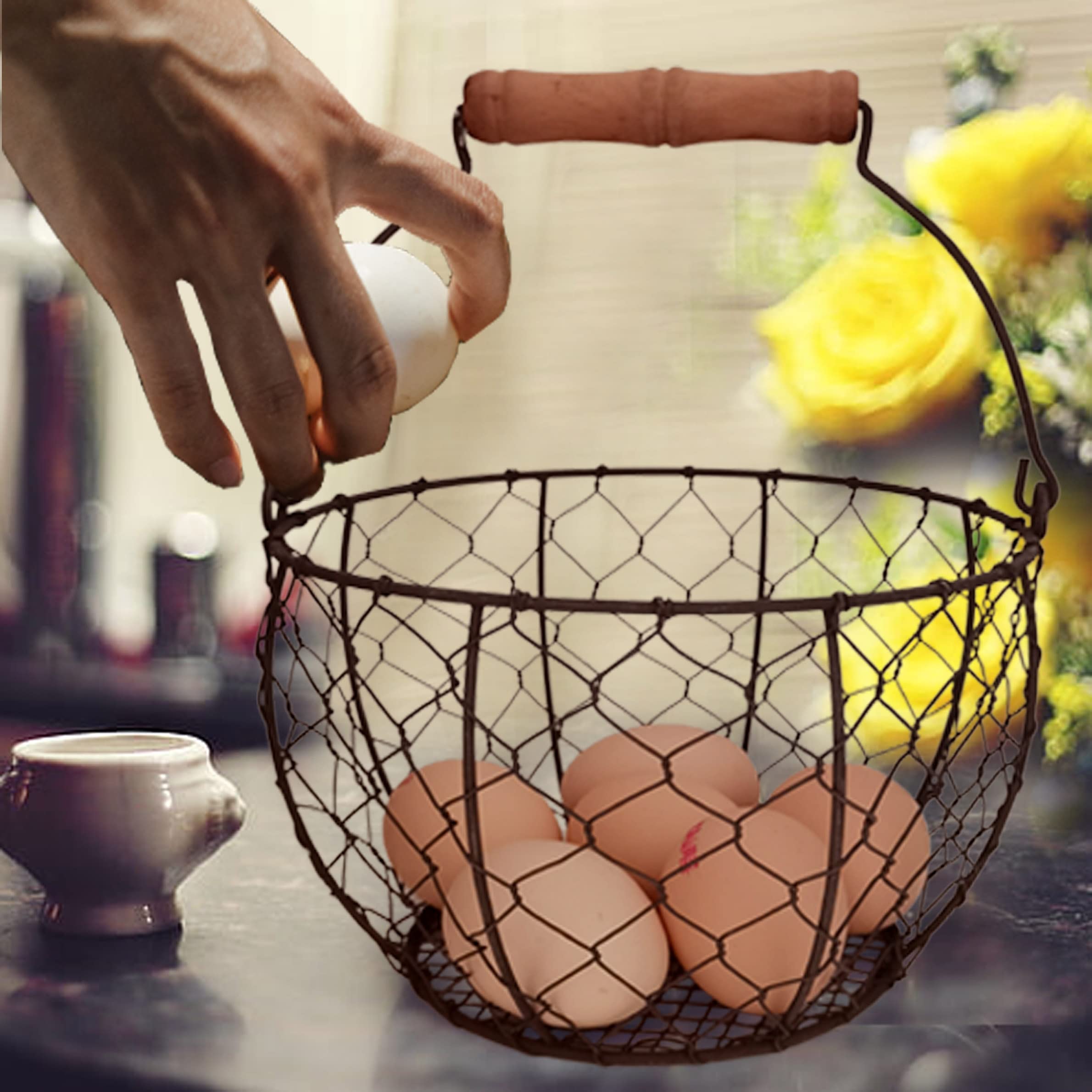 TAIANLE Farmhouse Metal Wire Egg Basket for Collecting Fresh Eggs,Round Handle Egg Basket Vintage Style,Durable Collect & Gathering Basket for Fresh Egg,Countertop Egg Basket Holder,Storage Fruit Bin