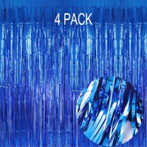 eufars blue foil fringe curtain- 4 pack of 3.2x8.2ft blue streamers backdrop curtains for blue party decorations blue photo booth backdrop