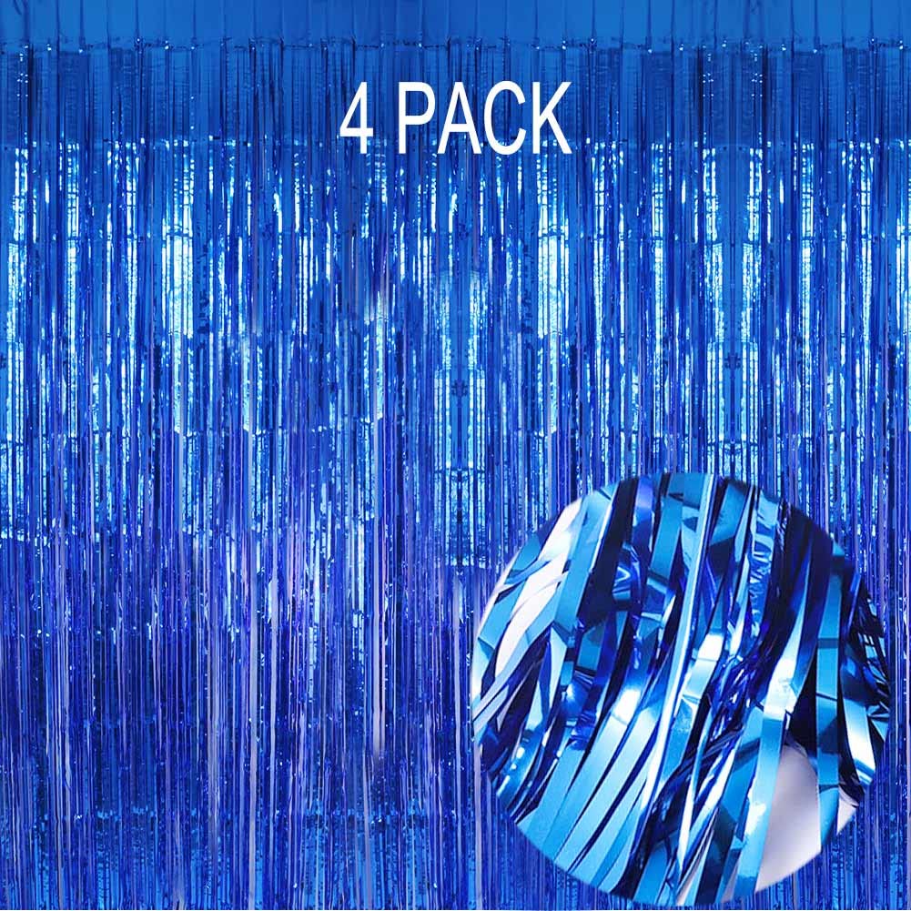 EUFARS Blue Foil Fringe Curtain- 4 Pack of 3.2x8.2ft Blue Streamers Backdrop Curtains for Blue Party Decorations Blue Photo Booth Backdrop