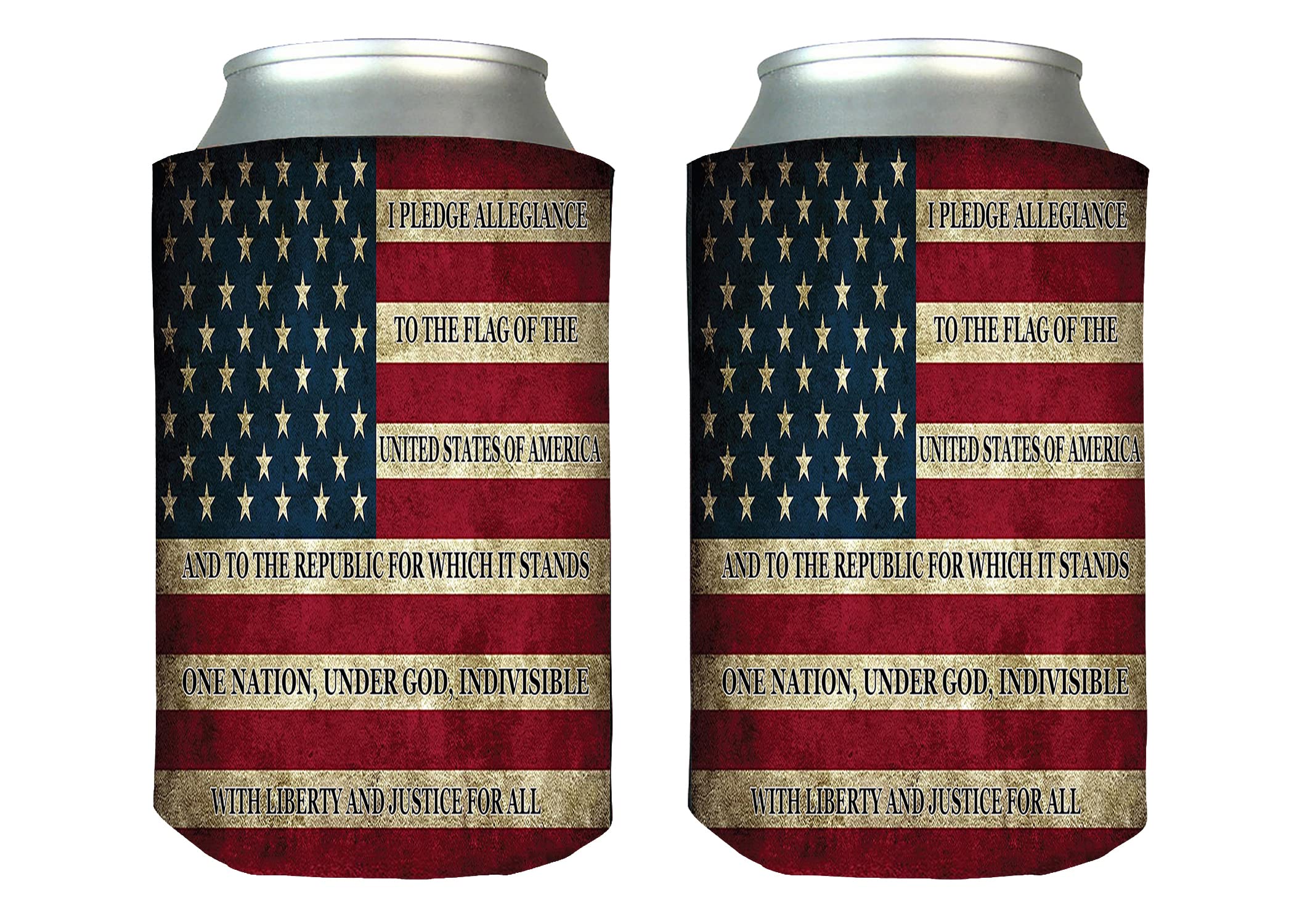 Rogue River Tactical USA Flag Pledge Of Allegiance, Rustic Flag Bundle Collapsible Beer Can Bottle Beverage Cooler Sleeves 2 Sets of 2 Packs Gift Set Combo