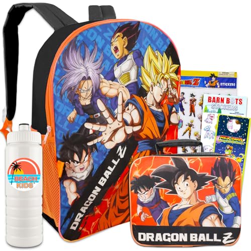 Screen Legends Dragon Ball Z Backpack and Lunch Box Set - Bundle with 16” Dragon Ball Backpack, Dragon Ball Lunch Bag, Water Bottle, Stickers, More | Dragon Ball Z Backpack for Boys