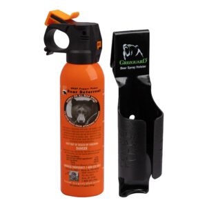 udap pepper power bear spray self defense deterrent with griz guard holster for camping, hiking, fishing, powerful blast pattern, 30 ft fog barrier, safety orange, sog, 7.9 oz