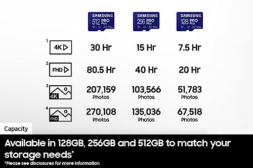 SAMSUNG PRO Plus microSD Memory Card + Reader, 256GB MicroSDXC, Up to 180 MB/s, Full HD & 4K UHD, UHS-I, C10, U3, V30, A2 for Android Phones, Tablets, GoPRO, DJI Drone, MB-MD256SB/AM, 2023