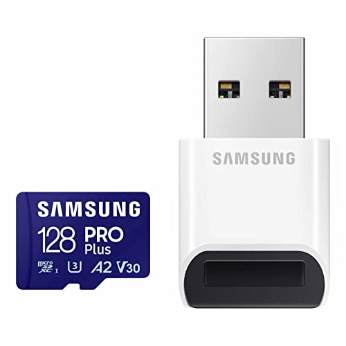 SAMSUNG PRO Plus microSD Memory Card + Reader, 128GB MicroSDXC, Up to 180 MB/s, Full HD & 4K UHD, UHS-I, C10, U3, V30, A2 for Android Phones, Tablets, GoPRO, DJI Drone, MB-MD128SB/AM, 2023