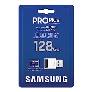 SAMSUNG PRO Plus microSD Memory Card + Reader, 128GB MicroSDXC, Up to 180 MB/s, Full HD & 4K UHD, UHS-I, C10, U3, V30, A2 for Android Phones, Tablets, GoPRO, DJI Drone, MB-MD128SB/AM, 2023