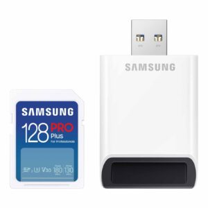 samsung pro plus full size 128gb sdxc memory card + reader, up to 180 mb/s, full hd & 4k uhd, uhs-i, c10, u3, v30 for dslr, mirrorless cameras, pcs, mb-sd128sb/am, 2023